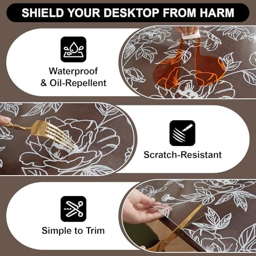 Warmstar Floral Table Protector 24 x 48 Inch, 1.5mm Thick Plastic Table Cover, Waterproof Dining Tabletop Protector Rectangle Vinyl Tablecloth PVC Desk Pad Mat for Kitchen, Wooden Table