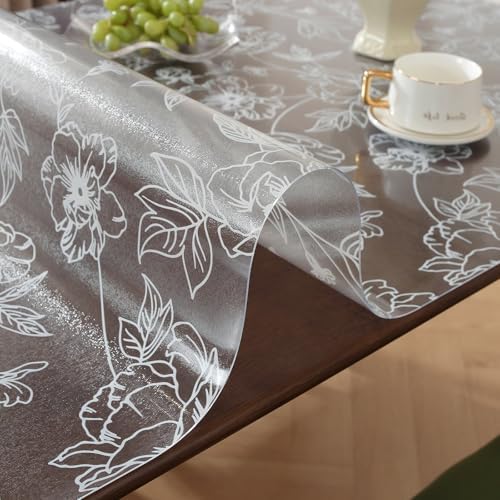 Warmstar Floral Table Protector 24 x 48 Inch, 1.5mm Thick Plastic Table Cover, Waterproof Dining Tabletop Protector Rectangle Vinyl Tablecloth PVC Desk Pad Mat for Kitchen, Wooden Table