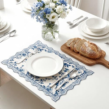 HunnmingRe Blue Floral Placemats Set of 4 12x18 Inch Chinoiserie Vintage Country Spring Placemats Washable Rustic Table Decoration for Kitchen Dining Restaurant Picnic Home Party Decor