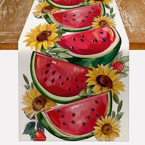 Summer Floral Watermelon Table Runner, Sunflower Decorations Watermelon Decor Strawberry Wildflowers Fruit Spring Summer Seasonal Kitchen Dining Table Decoration for Home Party Decor