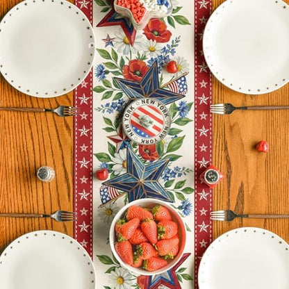 Artoid Mode American Flag Stars Flowers 210 GSM 4th of July Table Runner, Memorial Day Kitchen Dining Table Decoration for Home Party Decor 13x36 Inch