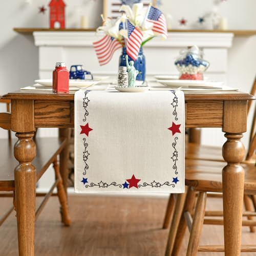 Artoid Mode Beige Patriotic Stars Border 210 GSM 4th of July Table Runner, Memorial Day Kitchen Dining Table Decoration for Home Party Decor 13x36 Inch
