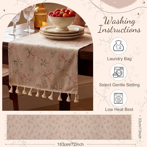 13 x 72 Inch Vintage Floral Table Runner Rustic Linen with Tassels, Seasonal Spring Wildflowers Flowers Style for Home Kitchen Dining Coffee Table Dresser Decoration