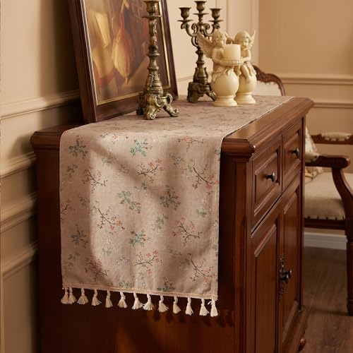 13 x 72 Inch Vintage Floral Table Runner Rustic Linen with Tassels, Seasonal Spring Wildflowers Flowers Style for Home Kitchen Dining Coffee Table Dresser Decoration