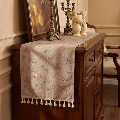 13 x 72 Inch Vintage Floral Table Runner Rustic Linen with Tassels, Seasonal Spring Wildflowers Flowers Style for Home Kitchen Dining Coffee Table Dresser Decoration