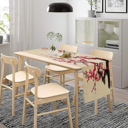Japanese Floral Cherry Blossom Linen Table Runner , Table Cloth Washable , Tablecloth for Kitchen Coffee Table Family Dinners Holiday Parties Home Decor (13.4x72.4 Inch)