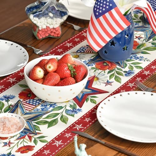 Artoid Mode American Flag Stars Flowers 210 GSM 4th of July Table Runner, Memorial Day Kitchen Dining Table Decoration for Home Party Decor 13x36 Inch