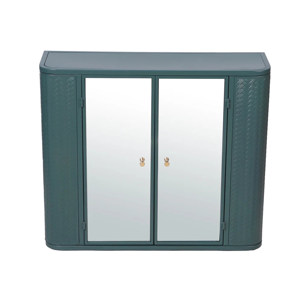 Army Green Bathroom Cabinet - Wall-Mounted Mirror Storage with 2 Doors & Open Shelf - Farmhouse Metal Frame for Vanity/Toilet