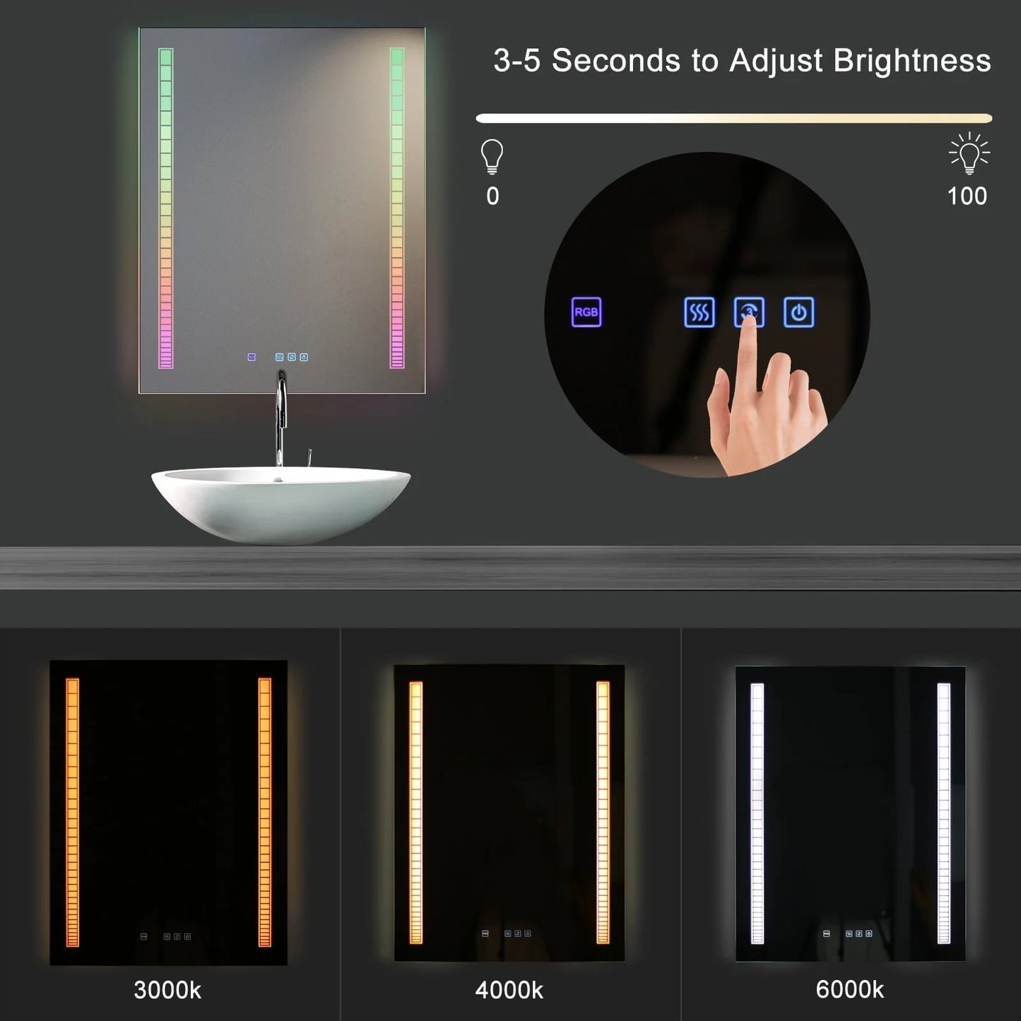 Ktaxon RGB LED Bathroom Mirror, Wall-Mounted Vanity Mirror with Lights, Wall Mirror Hanging Mirror with Anti-Fog Dimmable, Power-Off Memory, 36"x28" Silver