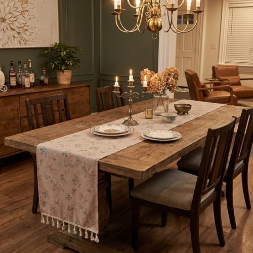 13 x 72 Inch Vintage Floral Table Runner Rustic Linen with Tassels, Seasonal Spring Wildflowers Flowers Style for Home Kitchen Dining Coffee Table Dresser Decoration