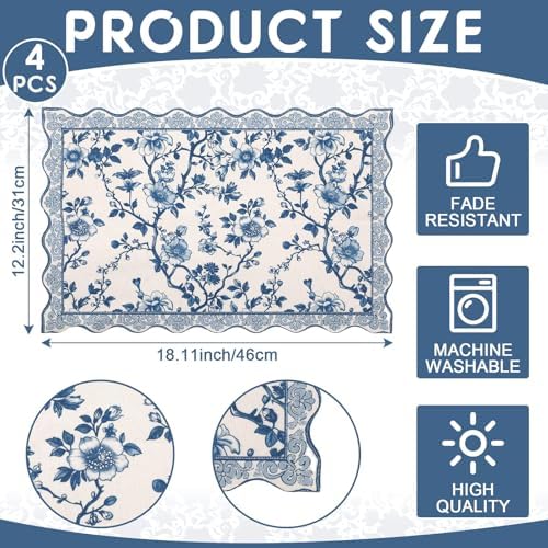 HunnmingRe Blue Floral Placemats Set of 4 12x18 Inch Chinoiserie Vintage Country Spring Placemats Washable Rustic Table Decoration for Kitchen Dining Restaurant Picnic Home Party Decor
