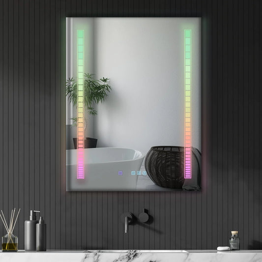 Ktaxon RGB LED Bathroom Mirror, Wall-Mounted Vanity Mirror with Lights, Wall Mirror Hanging Mirror with Anti-Fog Dimmable, Power-Off Memory, 36"x28" Silver