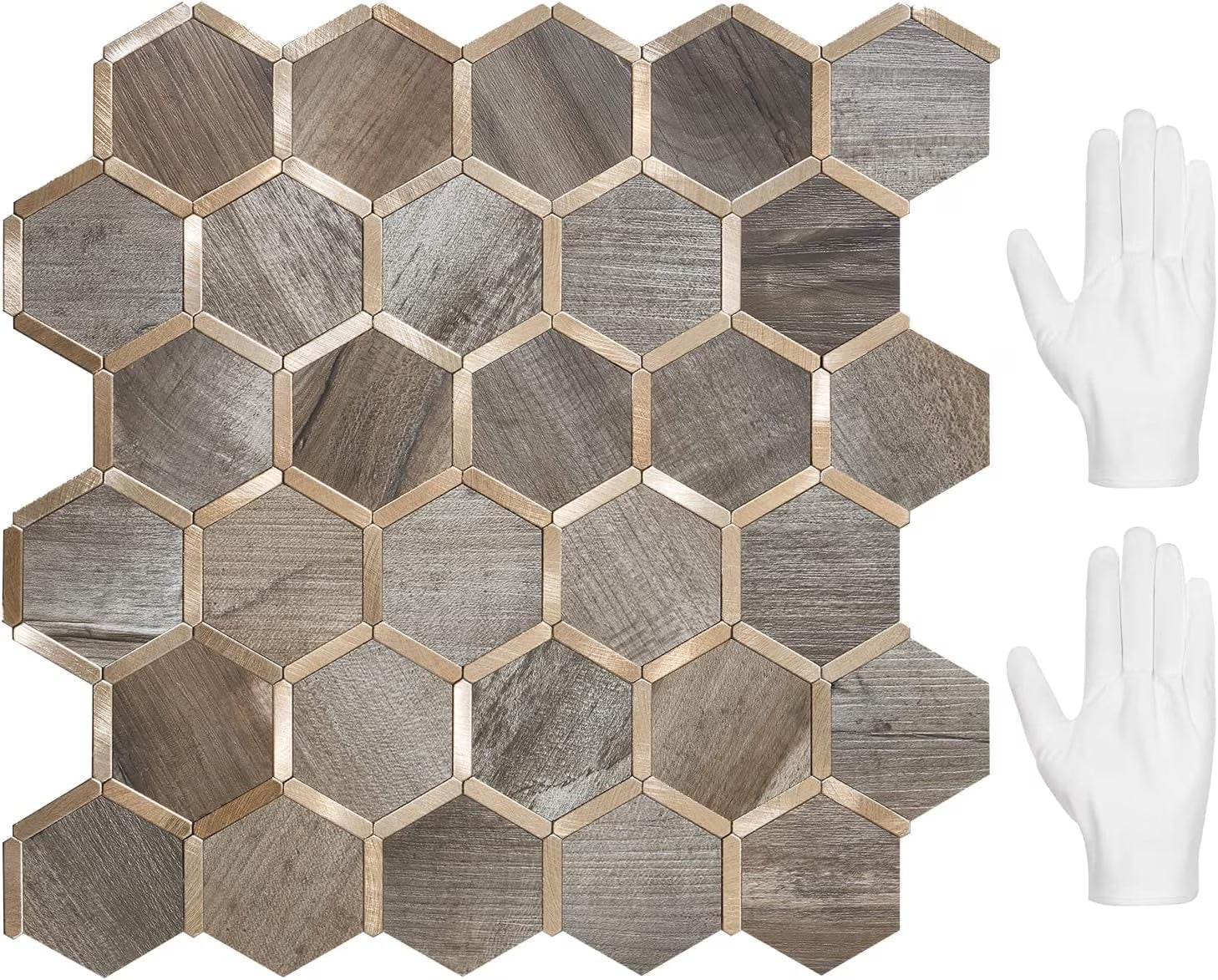 Hexagon Peel and Stick on Backsplash for Kitchen and Bathroom, White Marble Look PVC Mixed Metal Gold Self Adhesive Metal Mosaic Tiles(10 Sheets, Seamless)