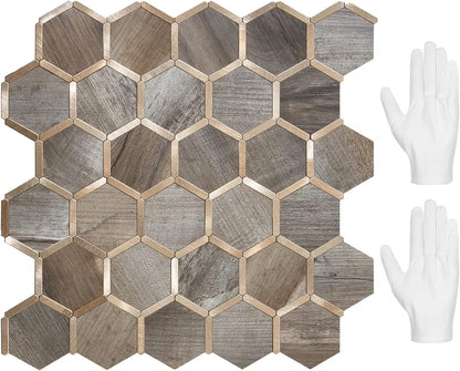 Hexagon Peel and Stick on Backsplash for Kitchen and Bathroom, White Marble Look PVC Mixed Metal Gold Self Adhesive Metal Mosaic Tiles(10 Sheets, Seamless)