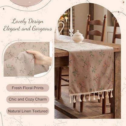 13 x 72 Inch Vintage Floral Table Runner Rustic Linen with Tassels, Seasonal Spring Wildflowers Flowers Style for Home Kitchen Dining Coffee Table Dresser Decoration