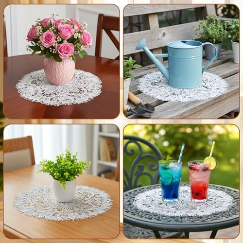 2Pack Lace Doilies for Tables, 10" x 10" White Doily Round Delicate Floret Embroidered Lace Doily Vase Mat for Tables Kitchen Dining Room Wedding Birthday Party