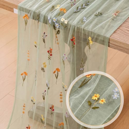 Boao 1 Pcs Wildflower Table Runner Embroidery Tulle Spring Summer Table Runner 120 Inch 10 ft Kitchen Dining Decoration for Wedding Baby Shower Bridal Shower Home Decor Birthday Party