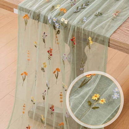 Boao 1 Pcs Wildflower Table Runner Embroidery Tulle Spring Summer Table Runner 120 Inch 10 ft Kitchen Dining Decoration for Wedding Baby Shower Bridal Shower Home Decor Birthday Party