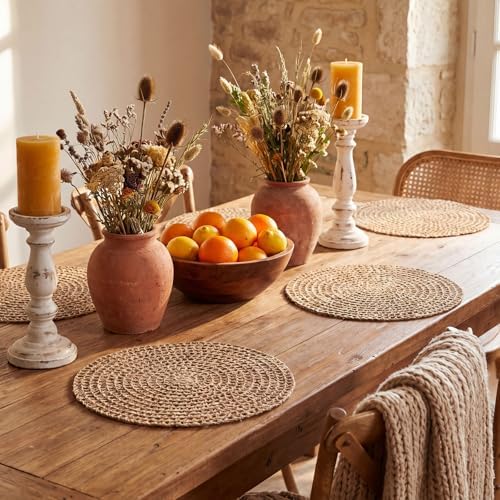 15 Inch Round Burlap Placemat Set of 6 Boho Jute Woven Charger Bulk Rustic Vintage Natural Brown Heat Resistant Dining Table Mat for Wedding Farmhouse Home Kitchen Easter Summer Decoration