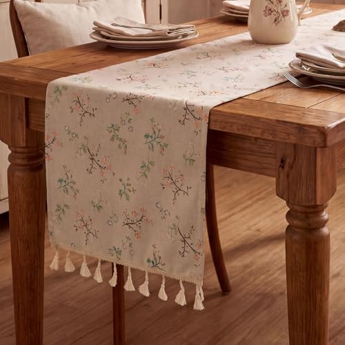 13 x 72 Inch Vintage Floral Table Runner Rustic Linen with Tassels, Seasonal Spring Wildflowers Flowers Style for Home Kitchen Dining Coffee Table Dresser Decoration