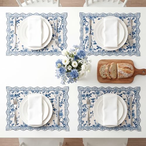 HunnmingRe Blue Floral Placemats Set of 4 12x18 Inch Chinoiserie Vintage Country Spring Placemats Washable Rustic Table Decoration for Kitchen Dining Restaurant Picnic Home Party Decor