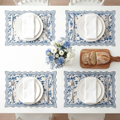 HunnmingRe Blue Floral Placemats Set of 4 12x18 Inch Chinoiserie Vintage Country Spring Placemats Washable Rustic Table Decoration for Kitchen Dining Restaurant Picnic Home Party Decor