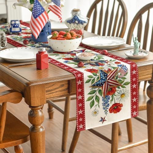 Artoid Mode American Flag Stars Flowers 210 GSM 4th of July Table Runner, Memorial Day Kitchen Dining Table Decoration for Home Party Decor 13x36 Inch