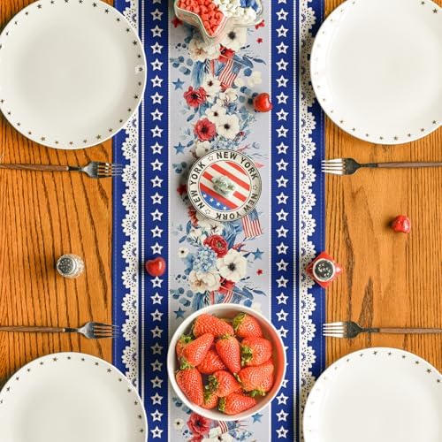 Artoid Mode Blue Poppy American Flag Stars 210 GSM 4th of July Table Runner, Memorial Day Kitchen Dining Table Decoration for Home Party Decor 13x36 Inch