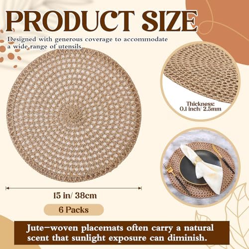 15 Inch Round Burlap Placemat Set of 6 Boho Jute Woven Charger Bulk Rustic Vintage Natural Brown Heat Resistant Dining Table Mat for Wedding Farmhouse Home Kitchen Easter Summer Decoration