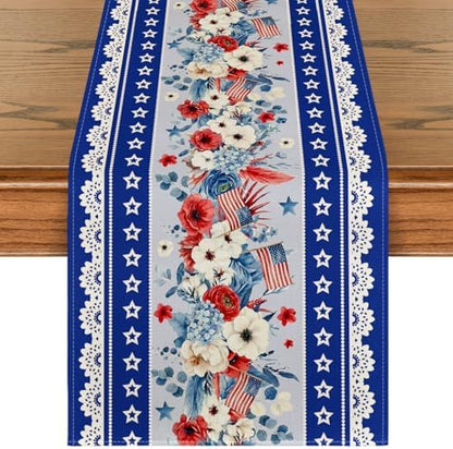 Artoid Mode Blue Poppy American Flag Stars 210 GSM 4th of July Table Runner, Memorial Day Kitchen Dining Table Decoration for Home Party Decor 13x36 Inch