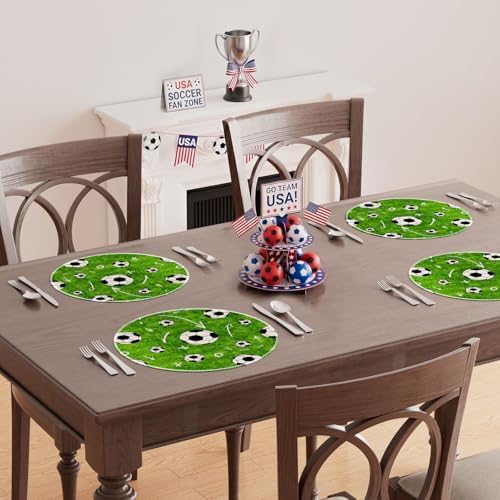 XCHI Green Soccer Grass World Cup Round Placemats Set of 4 Table Mats for Game Day Soccer Party Home Kitchen Dining Table Decorations 14x14 Inch