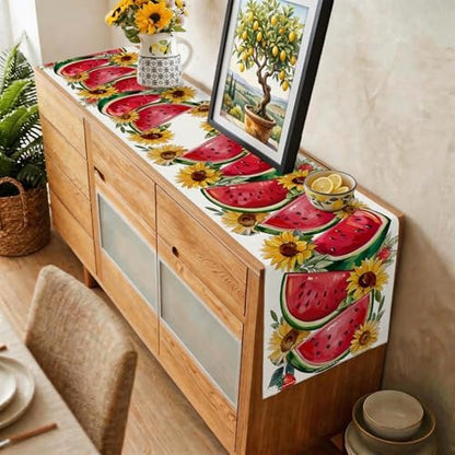 Summer Floral Watermelon Table Runner, Sunflower Decorations Watermelon Decor Strawberry Wildflowers Fruit Spring Summer Seasonal Kitchen Dining Table Decoration for Home Party Decor