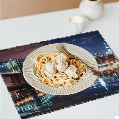 New York Night Placemats Set of 6 Heat Resistant Place Mats Washable Table Mat Anti Slip Dining Table Place Mat Wipeable Placemat for Kitchen Indoor Outdoor Party 18X12In