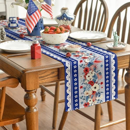 Artoid Mode Blue Poppy American Flag Stars 210 GSM 4th of July Table Runner, Memorial Day Kitchen Dining Table Decoration for Home Party Decor 13x36 Inch