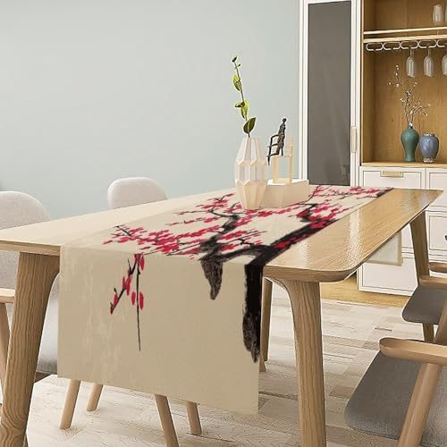 Japanese Floral Cherry Blossom Linen Table Runner , Table Cloth Washable , Tablecloth for Kitchen Coffee Table Family Dinners Holiday Parties Home Decor (13.4x72.4 Inch)