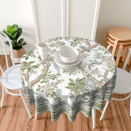 Spring Chinoiserie Floral Round Tablecloth 70 Inch Bird Tree Flower Pattern Table Cover Sage Green Branch Washable Decoration Tablecloth Indoor and Outdoor Dining Table Home Party Decor