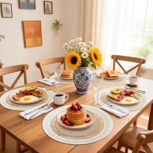 15 Inch Placemats Set of 4,Lace PVC Vinyl Round Place Mats,Non-Slip Waterproof Table Mats,Durable Washable Wipeable Placemats for Kitchen Dining Party Decor(4, Twisted Rope Braiding)