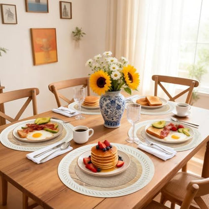 15 Inch Placemats Set of 4,Lace PVC Vinyl Round Place Mats,Non-Slip Waterproof Table Mats,Durable Washable Wipeable Placemats for Kitchen Dining Party Decor(4, Twisted Rope Braiding)