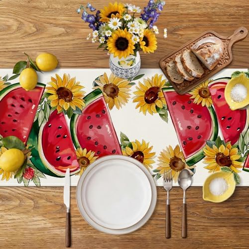 Summer Floral Watermelon Table Runner, Sunflower Decorations Watermelon Decor Strawberry Wildflowers Fruit Spring Summer Seasonal Kitchen Dining Table Decoration for Home Party Decor