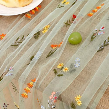 Boao 1 Pcs Wildflower Table Runner Embroidery Tulle Spring Summer Table Runner 120 Inch 10 ft Kitchen Dining Decoration for Wedding Baby Shower Bridal Shower Home Decor Birthday Party