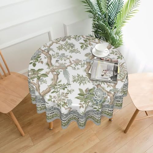 Spring Chinoiserie Floral Round Tablecloth 70 Inch Bird Tree Flower Pattern Table Cover Sage Green Branch Washable Decoration Tablecloth Indoor and Outdoor Dining Table Home Party Decor