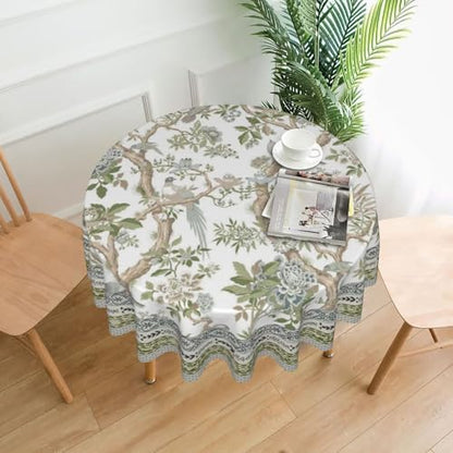 Spring Chinoiserie Floral Round Tablecloth 70 Inch Bird Tree Flower Pattern Table Cover Sage Green Branch Washable Decoration Tablecloth Indoor and Outdoor Dining Table Home Party Decor