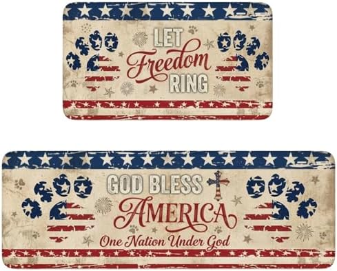 4th of July Kitchen Mats for Floor 2 Piece, Patriotic Fourth of July Kitchen Rugs Non Slip Washable Independence Day Home Decor Bathroom Runner Outdoor Door Mat