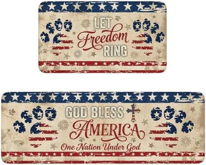 4th of July Kitchen Mats for Floor 2 Piece, Patriotic Fourth of July Kitchen Rugs Non Slip Washable Independence Day Home Decor Bathroom Runner Outdoor Door Mat