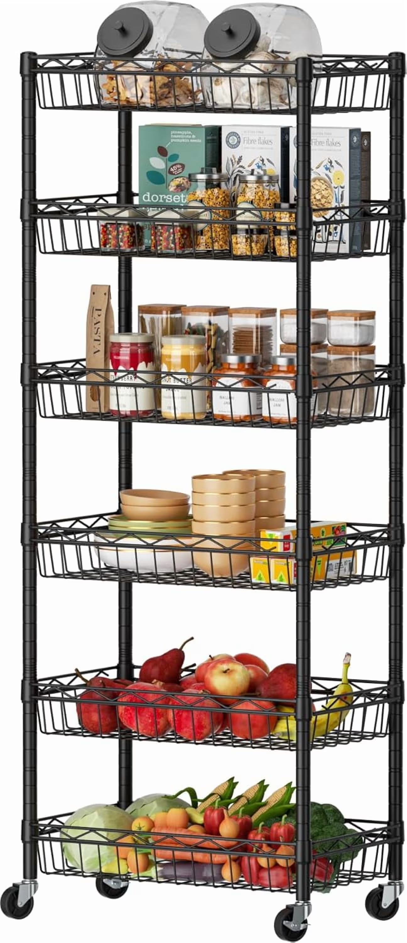 6 Tier Wire Shelving Unit with Wheels Baskets Storage Rack Corner Shelves Adjustable Shelf Closet Bathroom Organizers Metal Pantry Kitchen Garage Laundry Room 13.5" D x 13.5" W x 63" H Silver