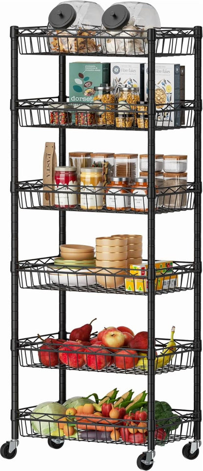 6 Tier Wire Shelving Unit with Wheels Baskets Storage Rack Corner Shelves Adjustable Shelf Closet Bathroom Organizers Metal Pantry Kitchen Garage Laundry Room 13.5" D x 13.5" W x 63" H Silver
