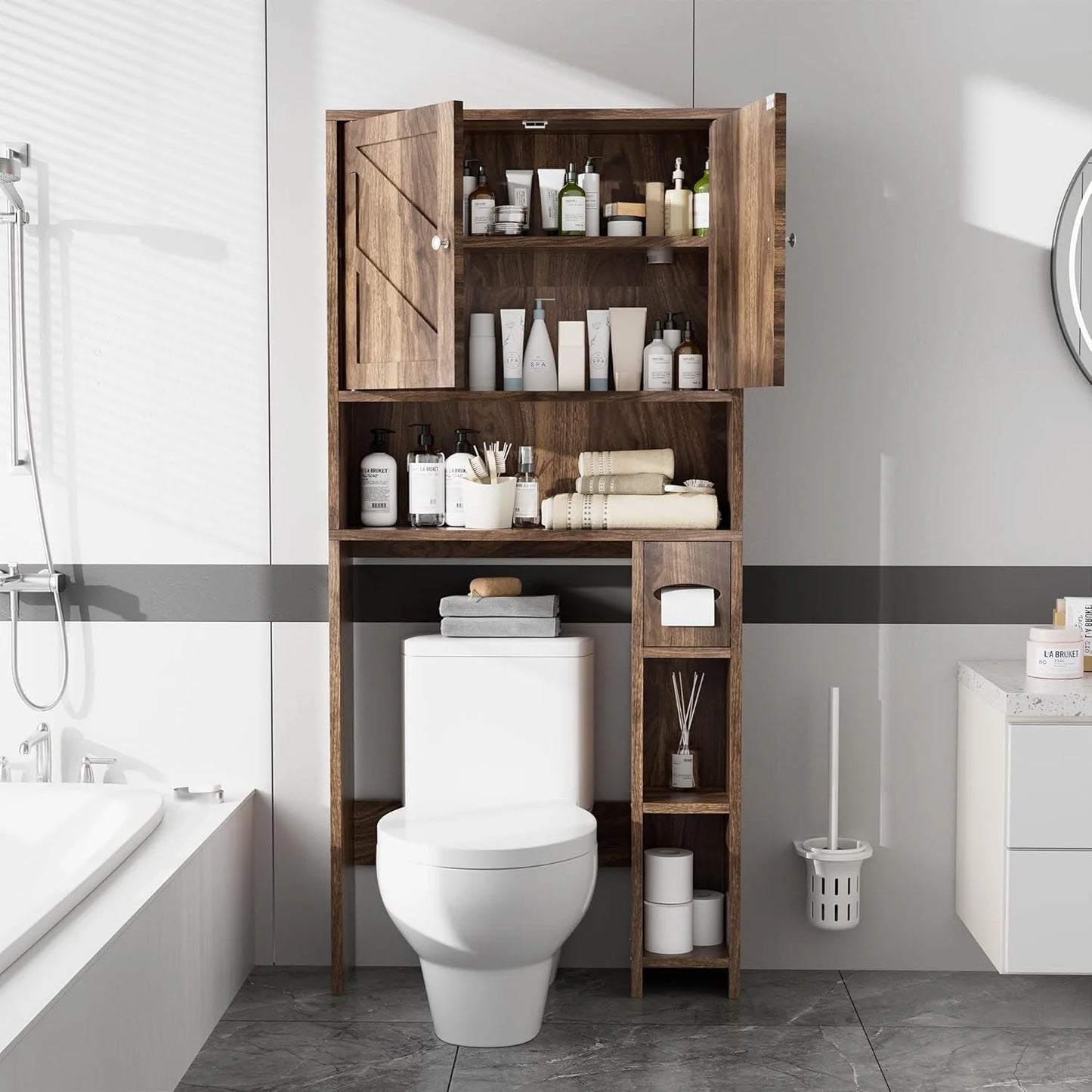 Over The Toilet Storage Cabinet, Farmhouse Storage Cabinet Over Toilet with Toilet Paper Holder Stand, Freestanding Bathroom Storage Organizer Space Saver W/Adjustable Shelf, Walnut