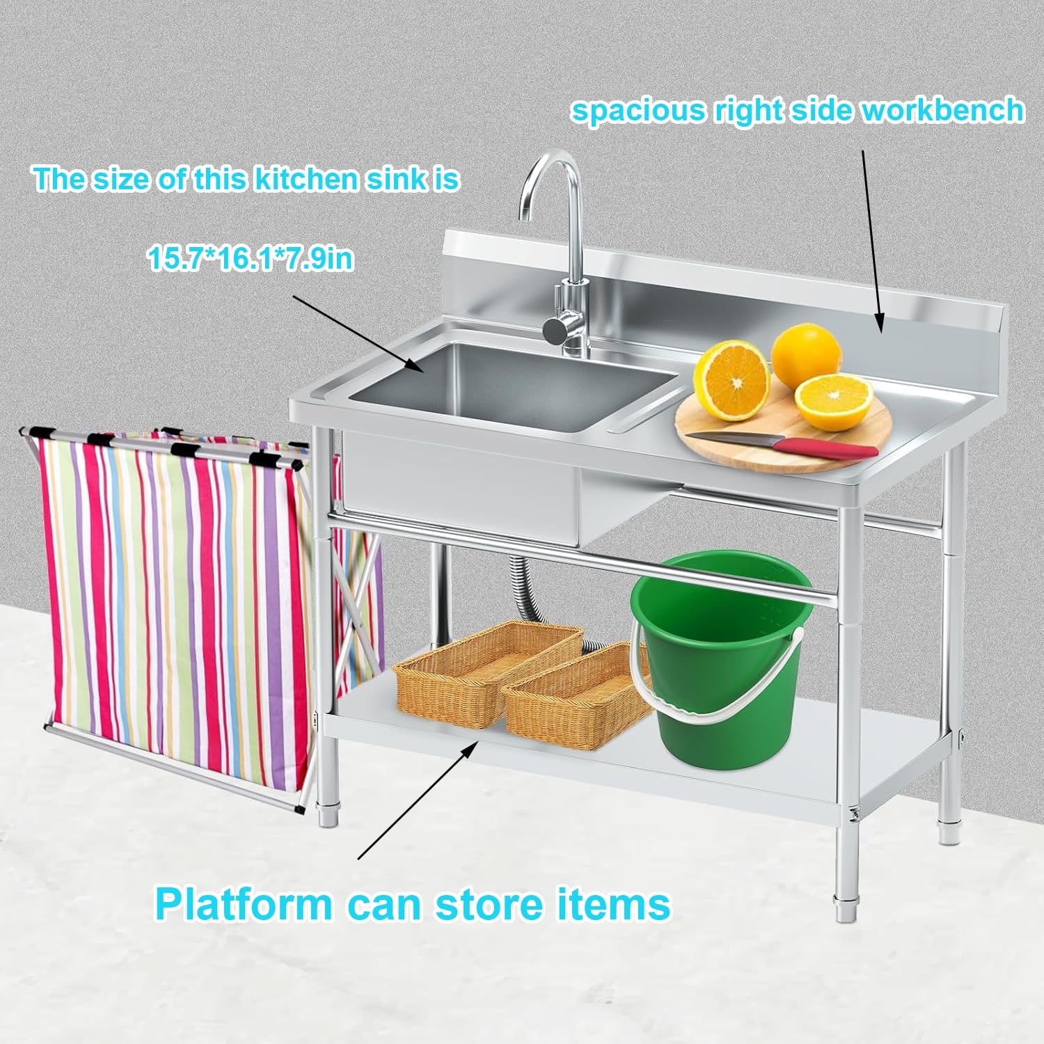 Stainless Steel Utility Sink with Cold and Hot Water Pipes, Free Standing Single Bowl Commercial Kitchen Sink with Workbench,Storage Shelf& Faucet ,For Kitchen,Bathroom,Farmhouse,Indoor,Outdoor