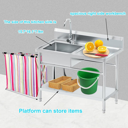 Stainless Steel Utility Sink with Cold and Hot Water Pipes, Free Standing Single Bowl Commercial Kitchen Sink with Workbench,Storage Shelf& Faucet ,For Kitchen,Bathroom,Farmhouse,Indoor,Outdoor