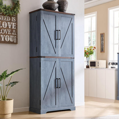 47" Kitchen Pantry, Farmhouse Storage Cabinet with Barn Doors, Organizer and Adjustable Shelves, Rustic Wood Cupboard for Kitchen, Dining Room, Bathroom and Hallway, Black